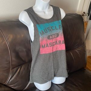 Grey tank with graphic “muscles & mascara”